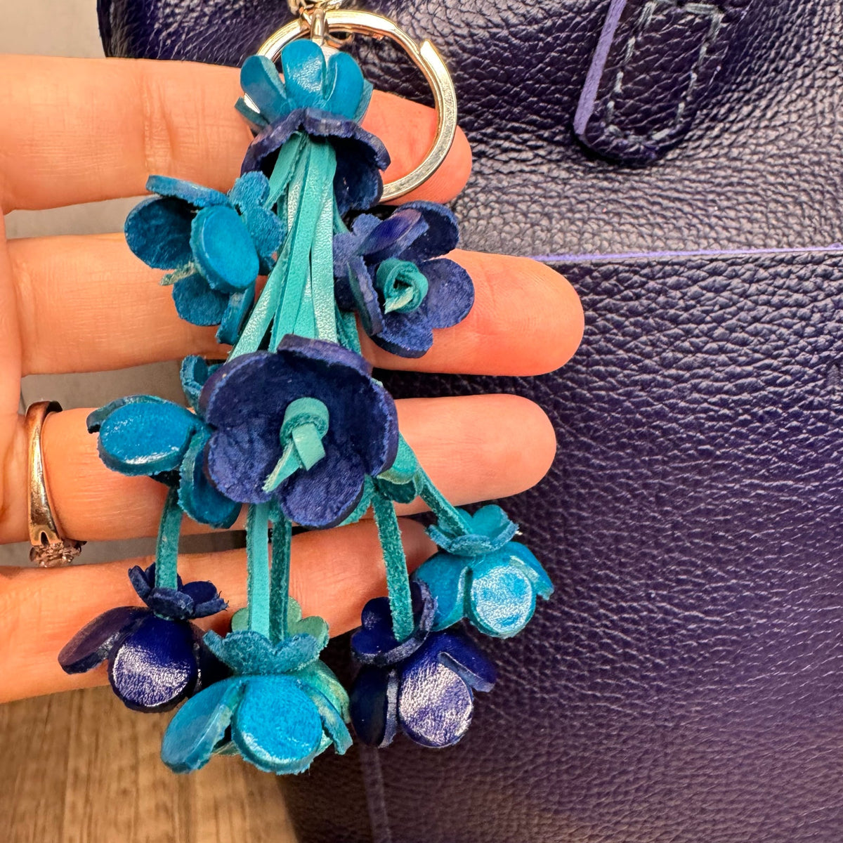 Blue Purse Charm Genuine Leather Bag Charm Blue Flower Bouquet FAST SHIP