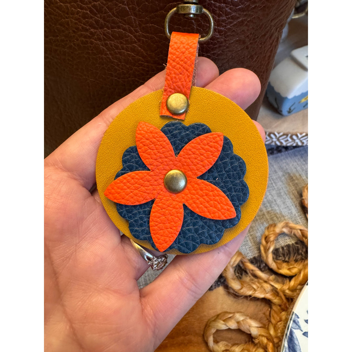 Round Orange Flower Bag Charm Genuine Leather Orange Yellow Blue Purse Charm