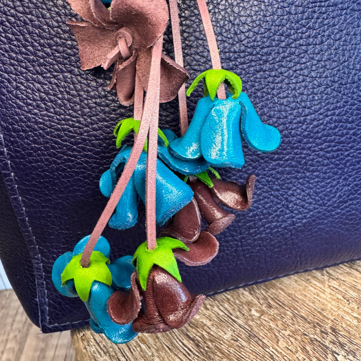 Leather Bright Blue Rose Purse Charm Genuine Leather Flower Bag Charm FAST SHIP