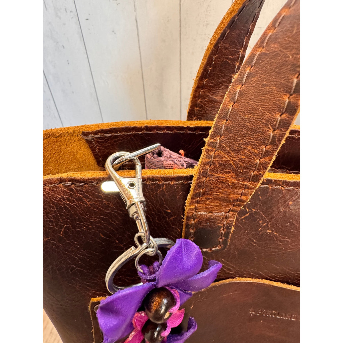 Plumeria Flower Bag Charm Genuine Leather Flower Bag Charm Purple Flower Charm