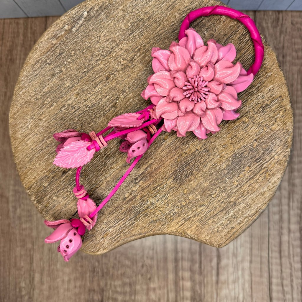 Leather Flower Purse Charm Genuine Leather Pink Mum Bag Charm NEW FAST SHIP