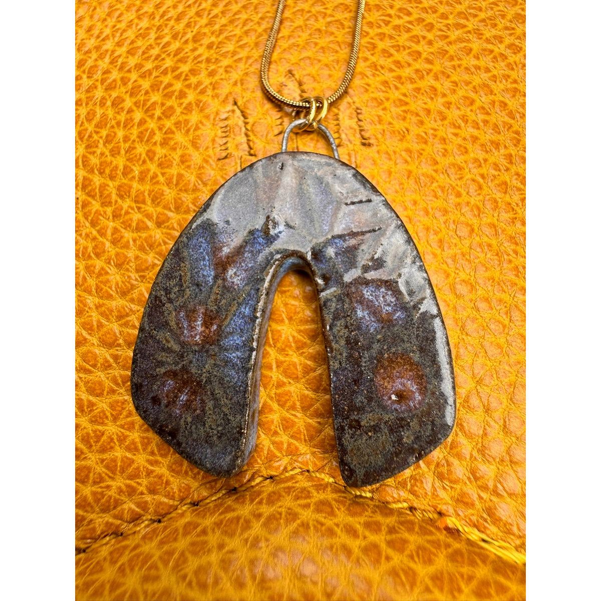 Kiln Fired Light Horseshoe Necklace Handcrafted Ceramic Horse Shoe Blue Pendant