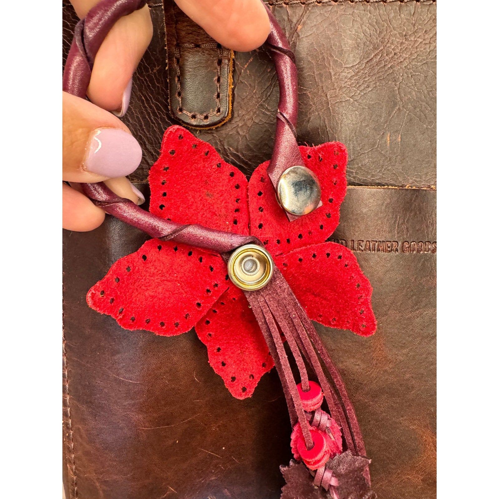 Red Leather Purse Charm Genuine Leather Red Daisy Flower Bag Charm Red Flowers