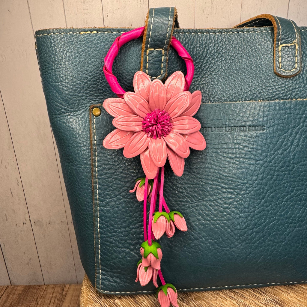 Genuine Leather Flower Purse Charm Pink Daisy Flower Leather Bag Charm FAST SHIP