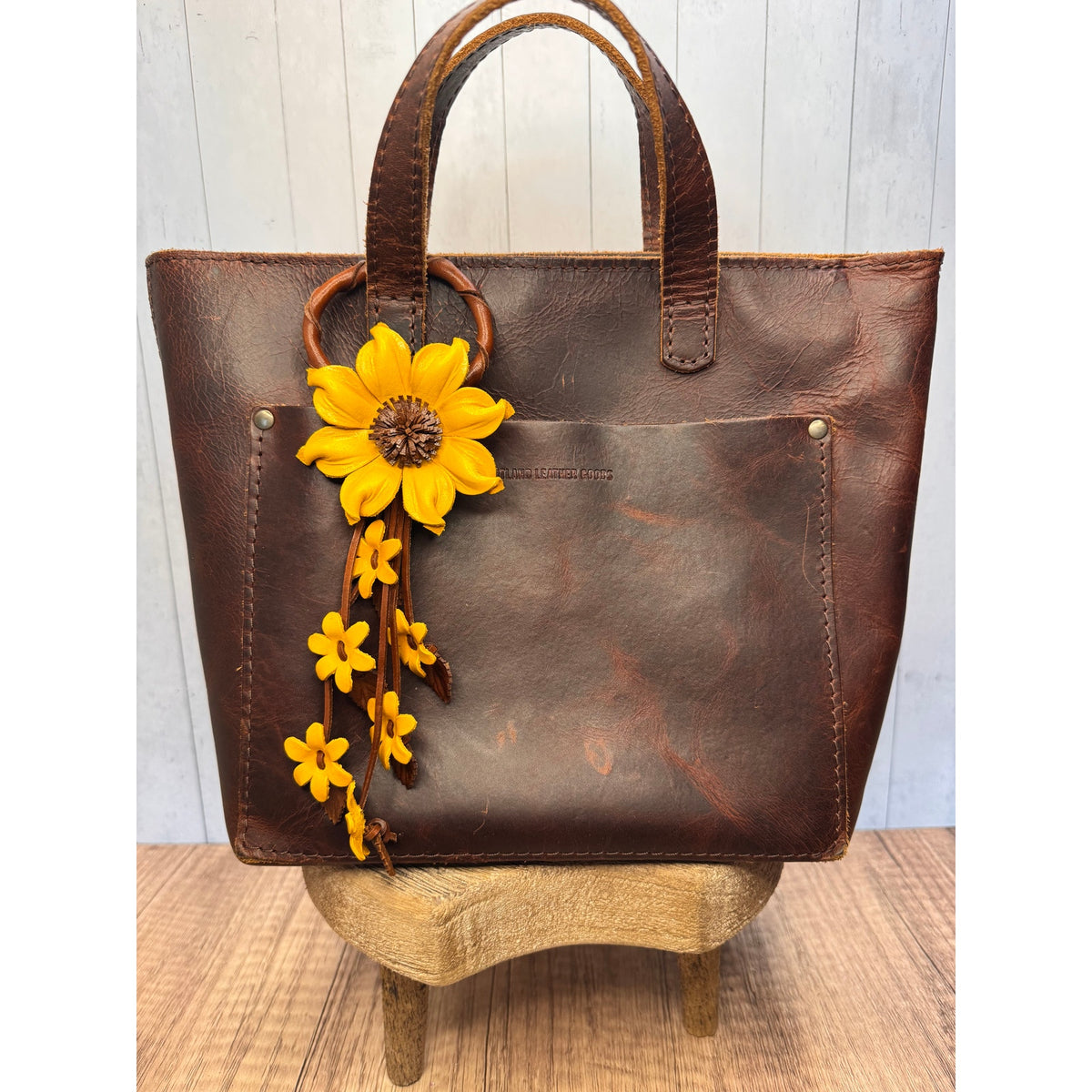 Leather Purse Charm Genuine Leather Yellow Flower Bag Charm Real Leather