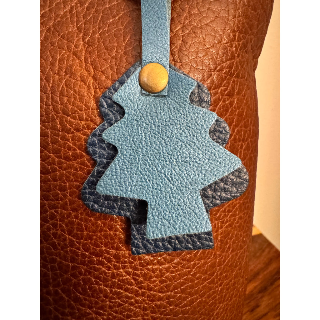 Holiday Blue Christmas Bag Charm Genuine Leather Christmas Tree Purse Charm