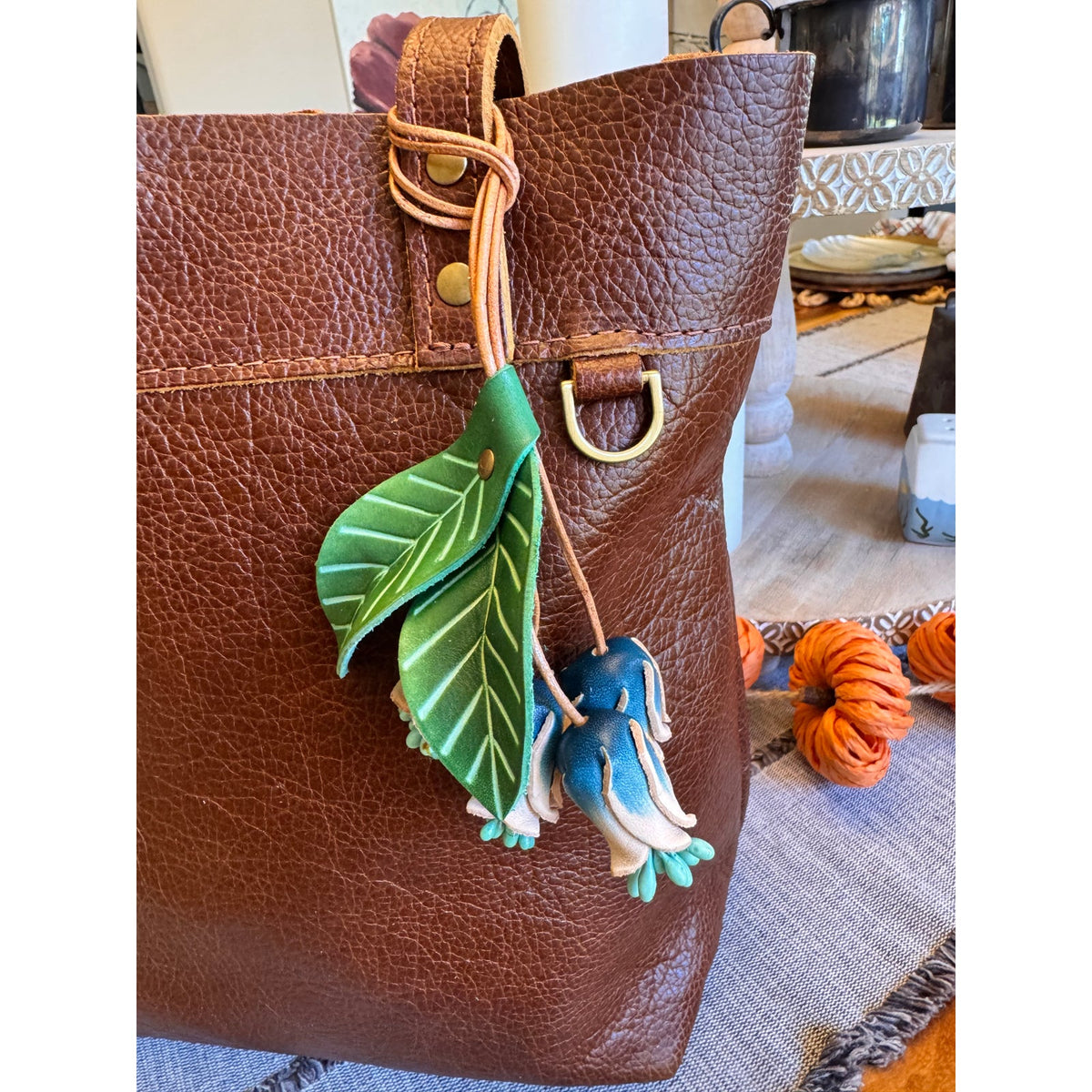 Genuine Leather Green Leaf Blue Flower Purse Charm Leather Bag Charm