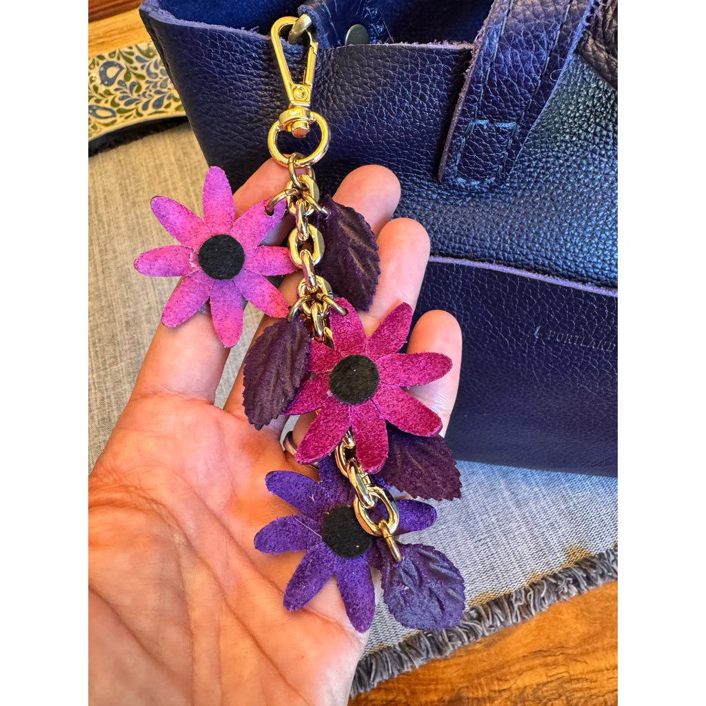 Purple Pink Flower Bag Charm Genuine Leather Purse Charm Flower Charms NEW!
