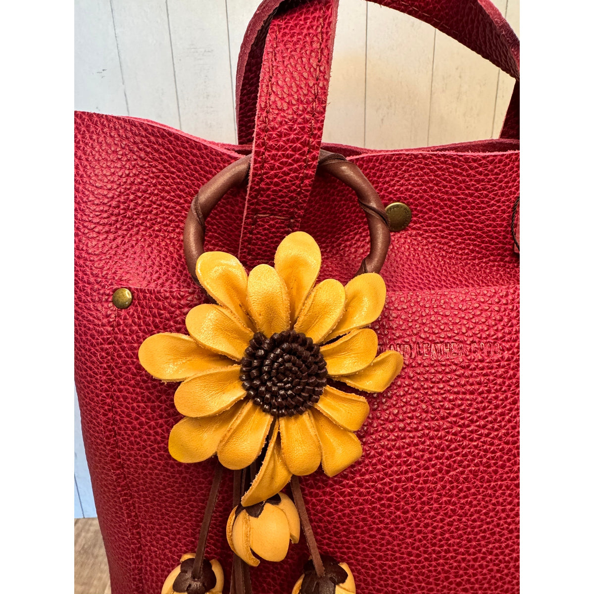 Leather Tan Daisy Purse Charm Genuine Leather Neutral Beige Flower Bag Charm
