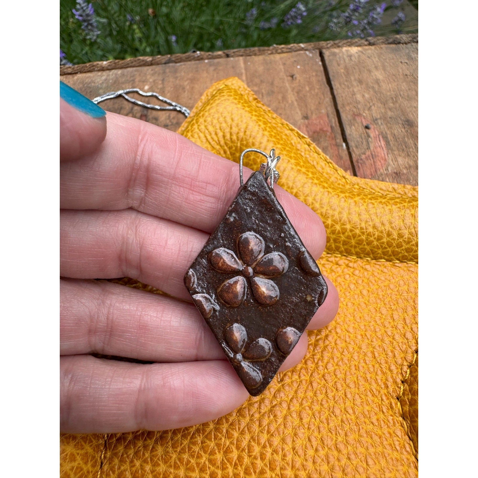 Diamond Shaped Daisy Neutral Pendant Necklace Handcrafted Boho Pendant Necklace