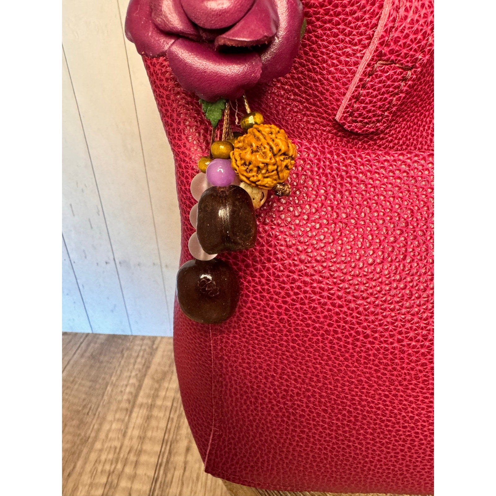 Summer Rose Purple Purse Charm Genuine Leather Purple Flower Bag Charm NEW!