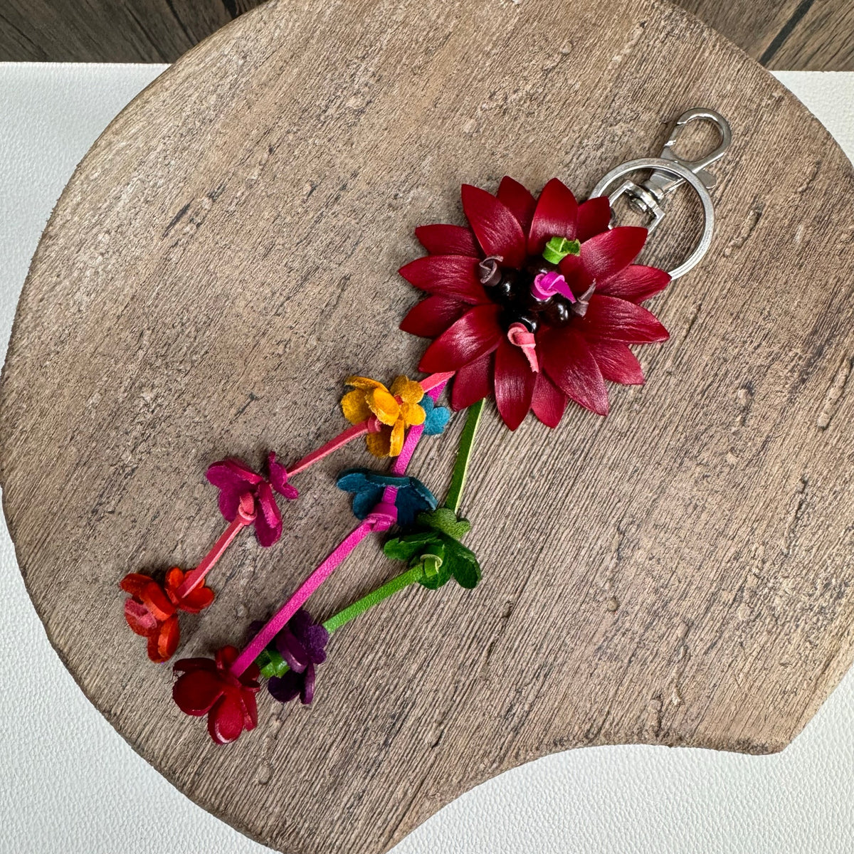 Red Daisy Flower Bag Charm Genuine Leather Red Flower Purse Keychain NEW