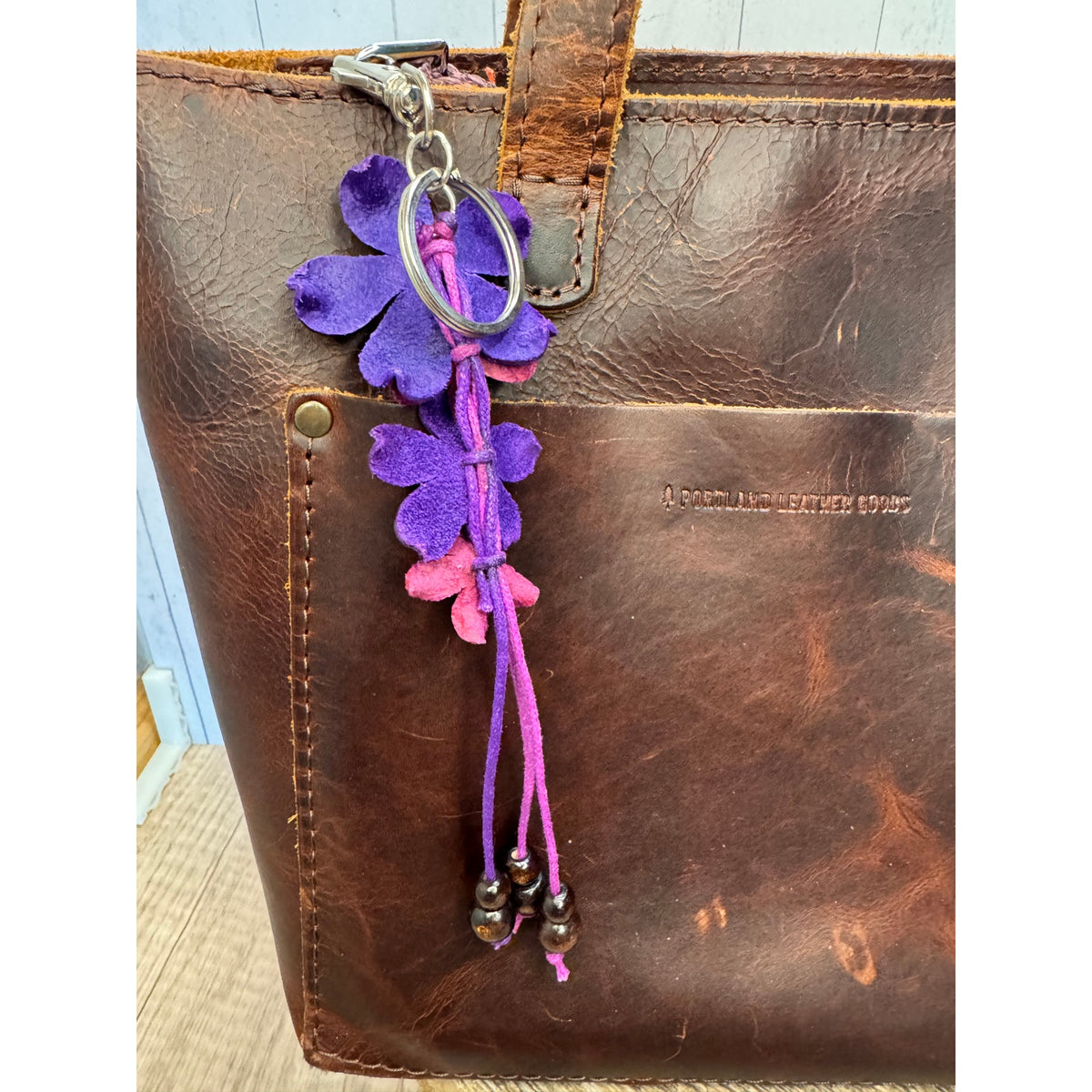 Plumeria Flower Bag Charm Genuine Leather Flower Bag Charm Purple Flower Charm