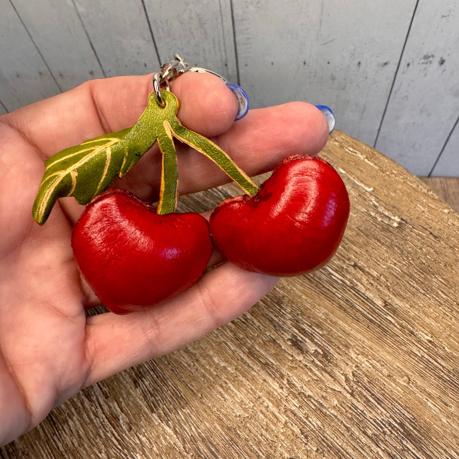 Genuine Leather Cherries Bag Charm Hand Painted Leather Cherry Keychain NEW!