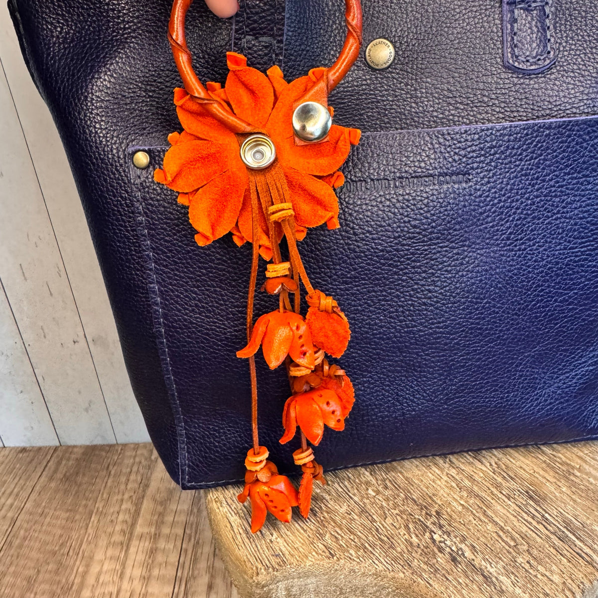 Leather Flower Purse Charm Genuine Leather Orange Mum Dahlia Bag Charm NeW!