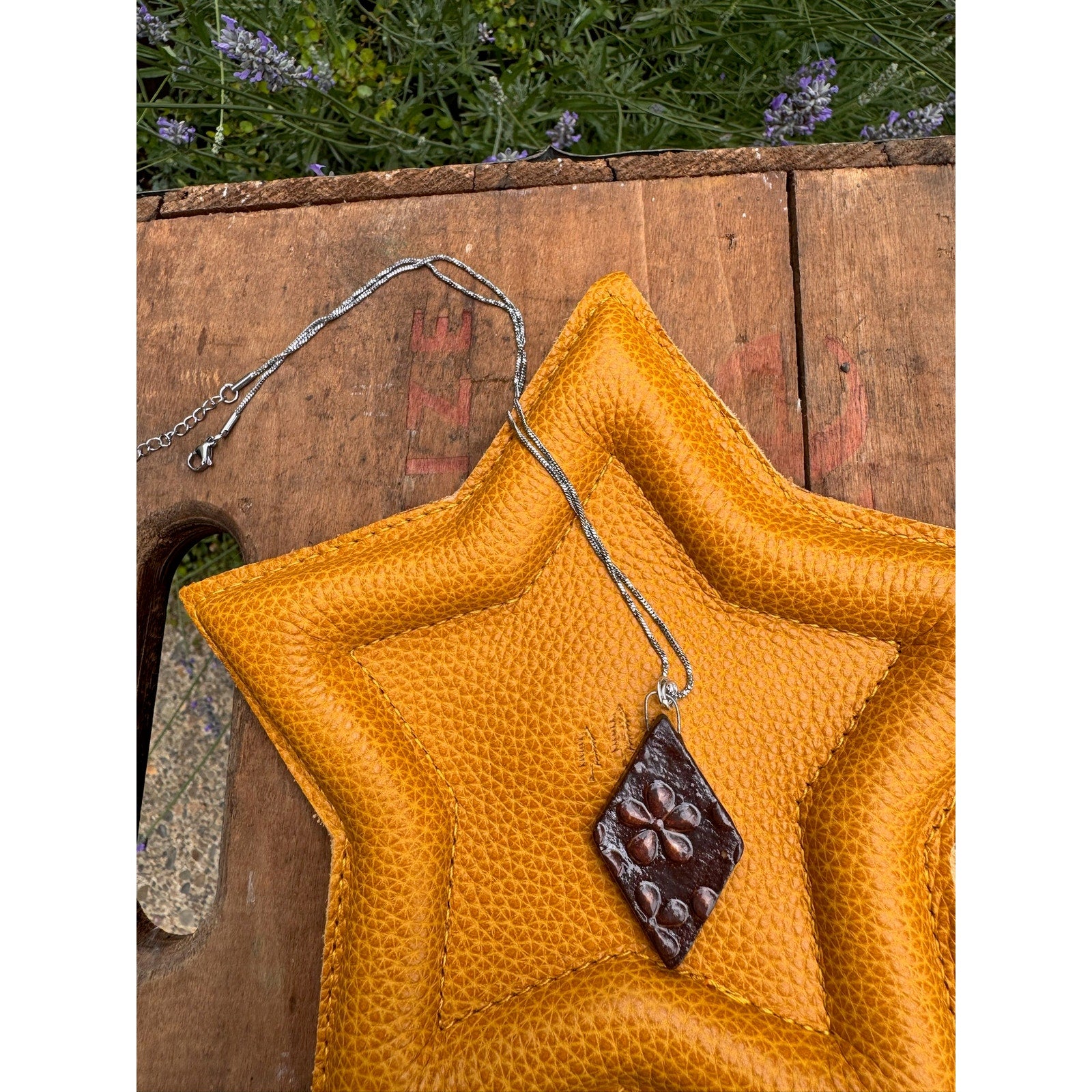 Diamond Shaped Daisy Neutral Pendant Necklace Handcrafted Boho Pendant Necklace