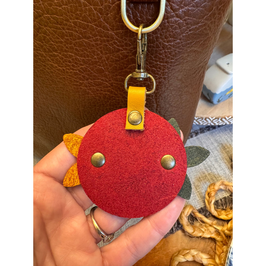 Double Daisy Flower Bag Charm Genuine Leather Red Yellow Blackish Green Charm