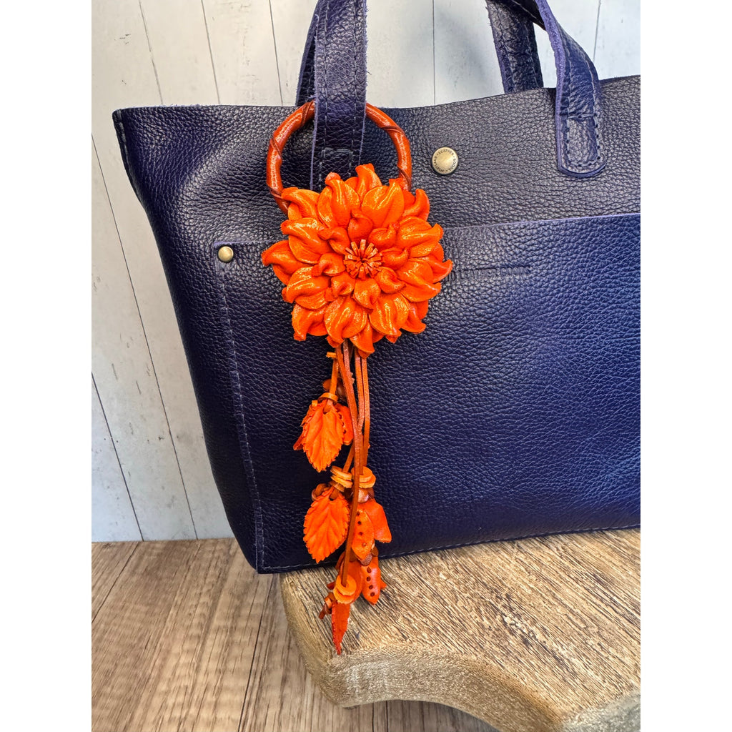 Leather Flower Purse Charm Genuine Leather Orange Mum Dahlia Bag Charm NeW!
