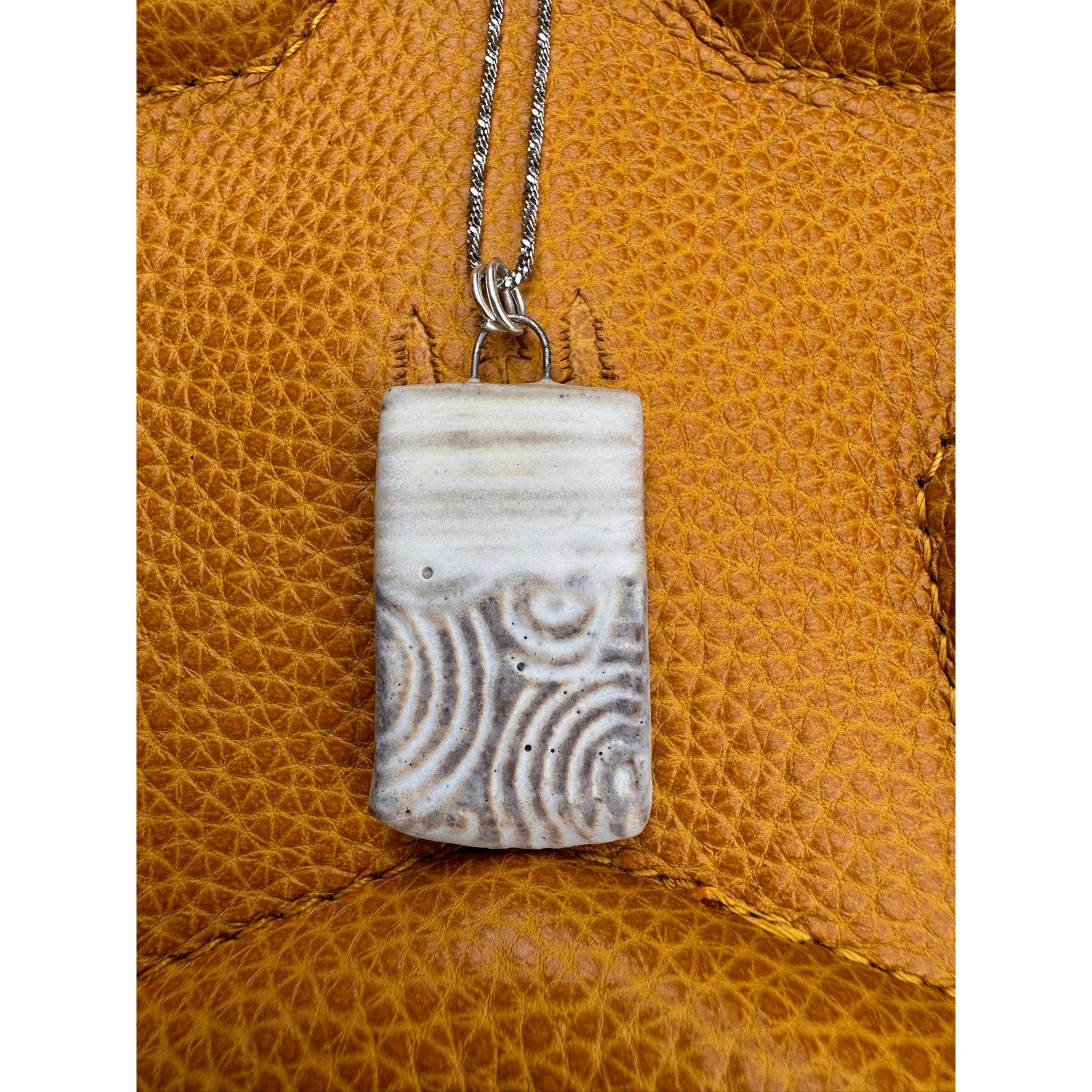 Boho Rectangle Pendant Necklace Handmade White Pendant Ceramic Necklace Jewelry