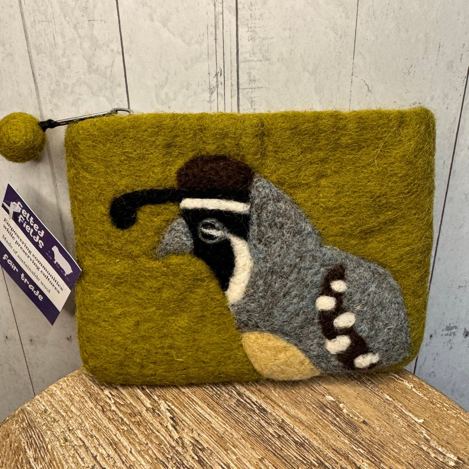Felted Wool Green Wallet Pouch California Quail Makeup Bag New FAST SHIP