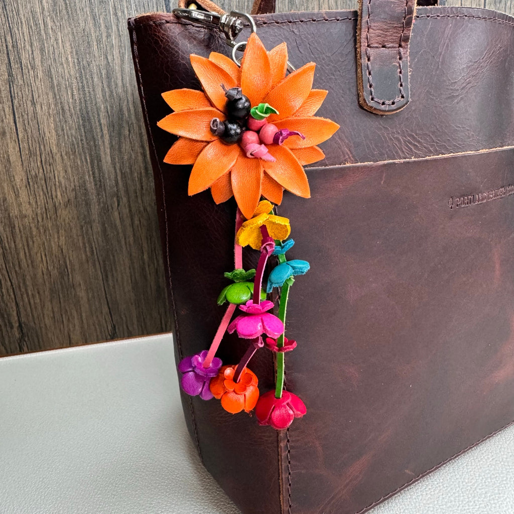 Daisy Flower Leather Bag Charm Genuine Orange Leather Purse Crossbody Keychain
