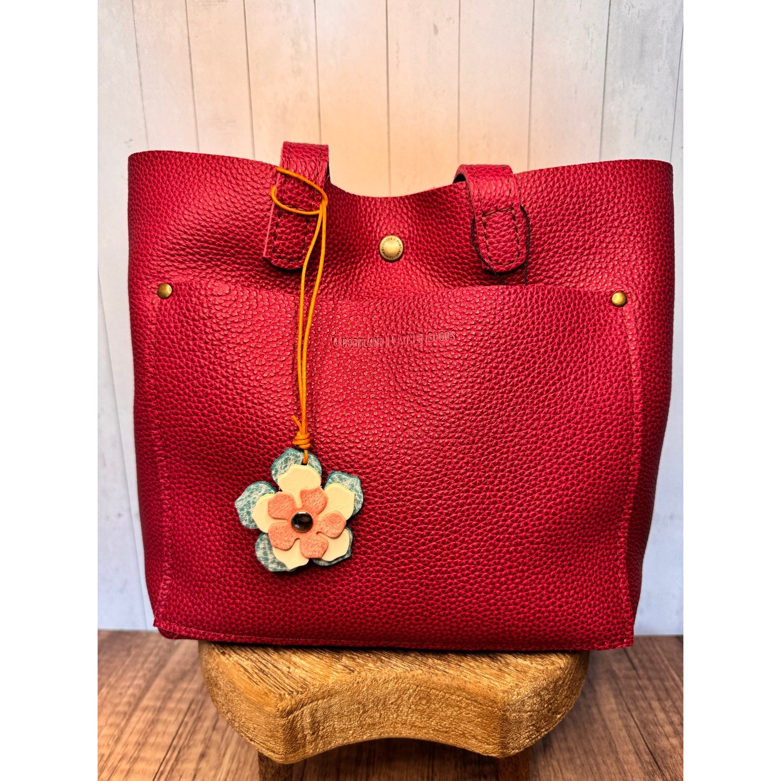 Leather Flower Bag Charm Pink White Blue Flower Purse Charm Genuine Leather