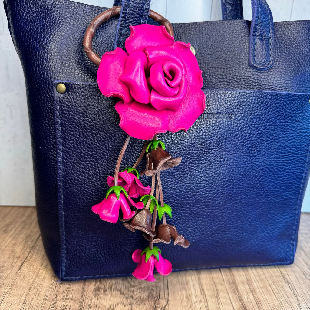 Leather Hot Pink Rose Purse Charm West Hills Studio Genuine Leather Flower Bag Charm