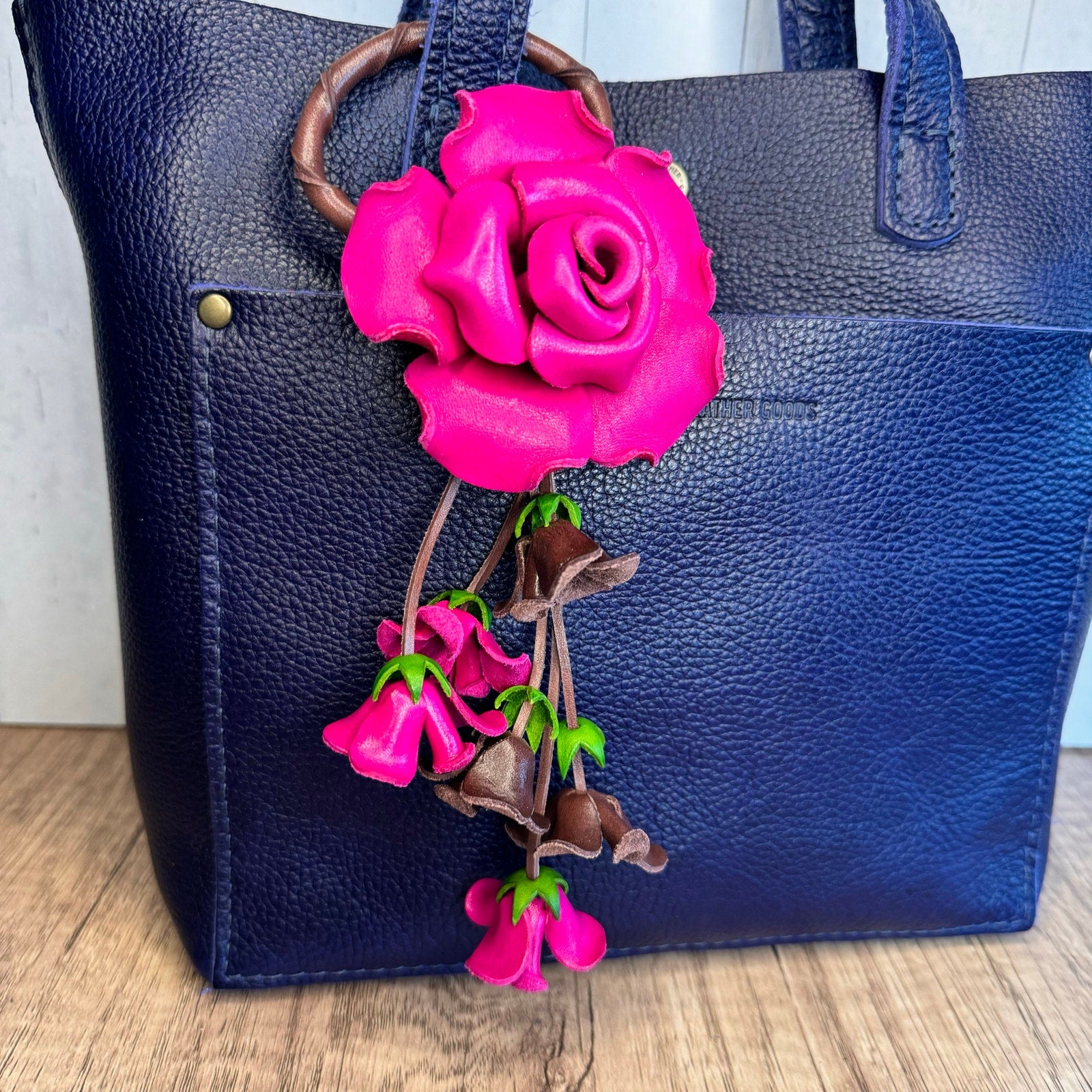 Leather Hot Pink Rose Purse Charm West Hills Studio Genuine Leather Flower Bag Charm