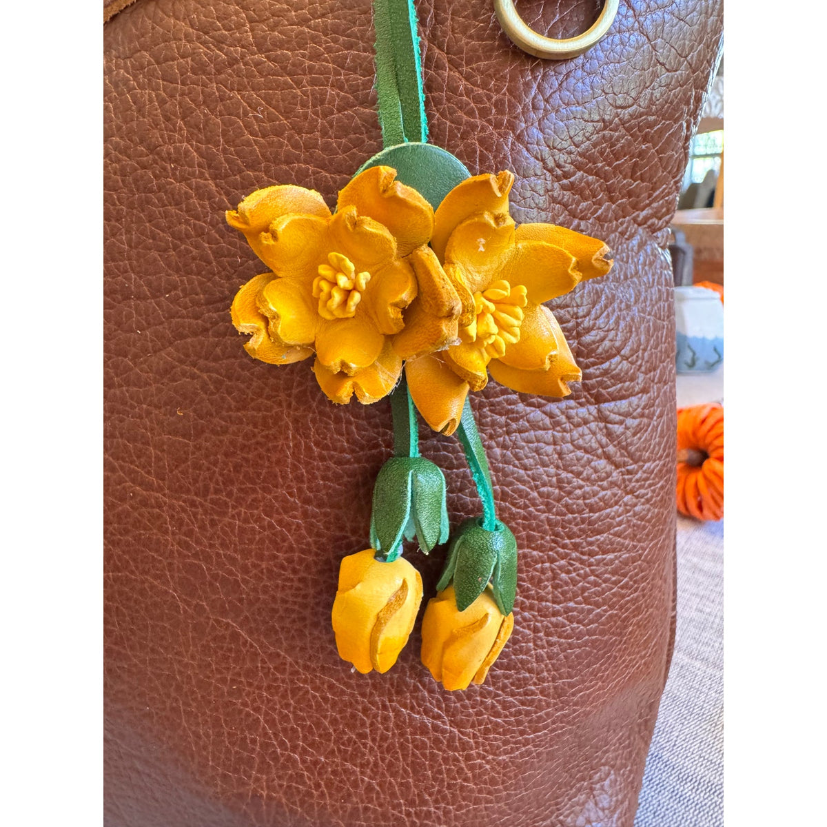 Genuine Leather Trailing Yellow Flower Purse Charm Leather Bag Charm