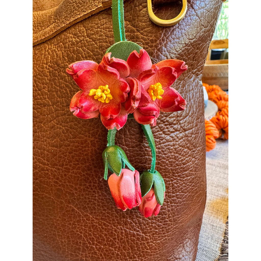 Genuine Leather Trailing Pink Flower Purse Charm Leather Bag Charm