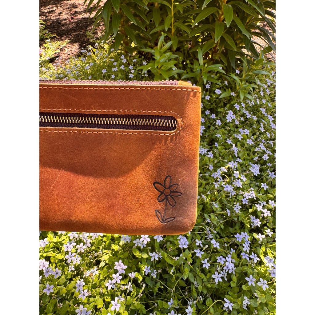 Genuine Leather Honey Brown Makeup Bag Artist Pouch Leather Wristlet Bag
