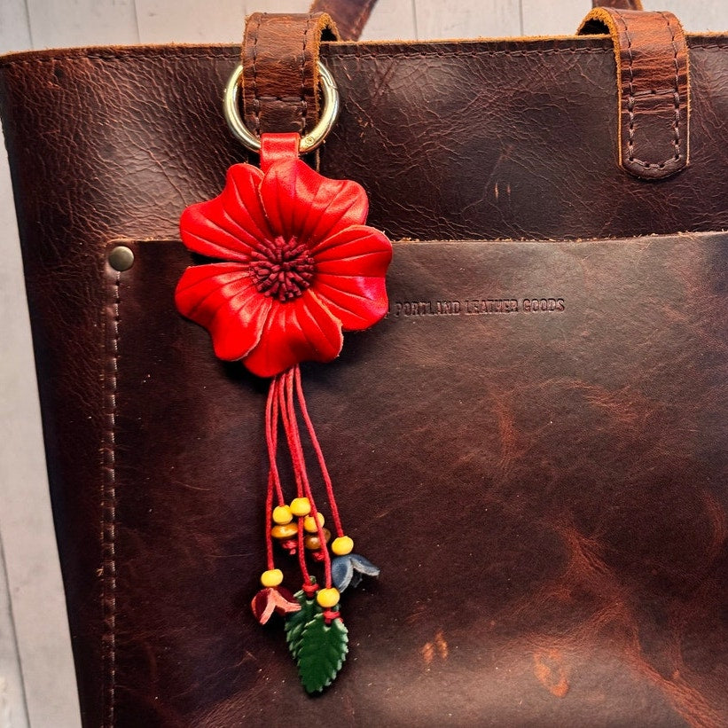 Red Flower Pansy Purse Charm Genuine Leather Flower Red Bag Charm NEW FAST SHIP