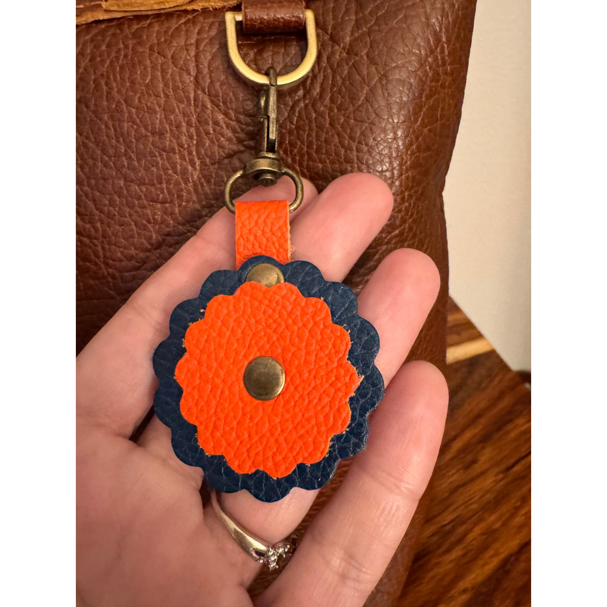 Blue Orange Bag Charm Genuine Leather Purse Charm Scalloped Cute Accessories