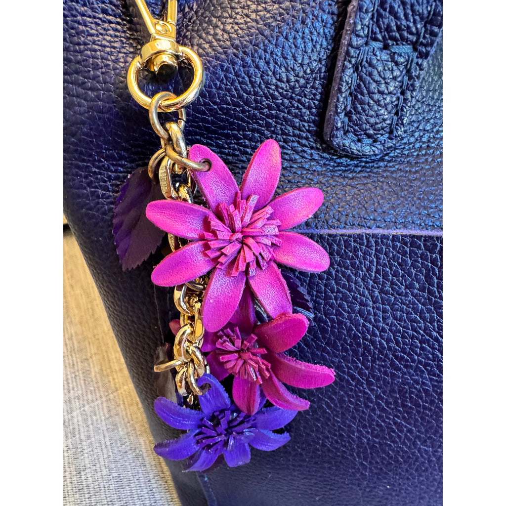 Purple Pink Flower Bag Charm Genuine Leather Purse Charm Flower Charms NEW!