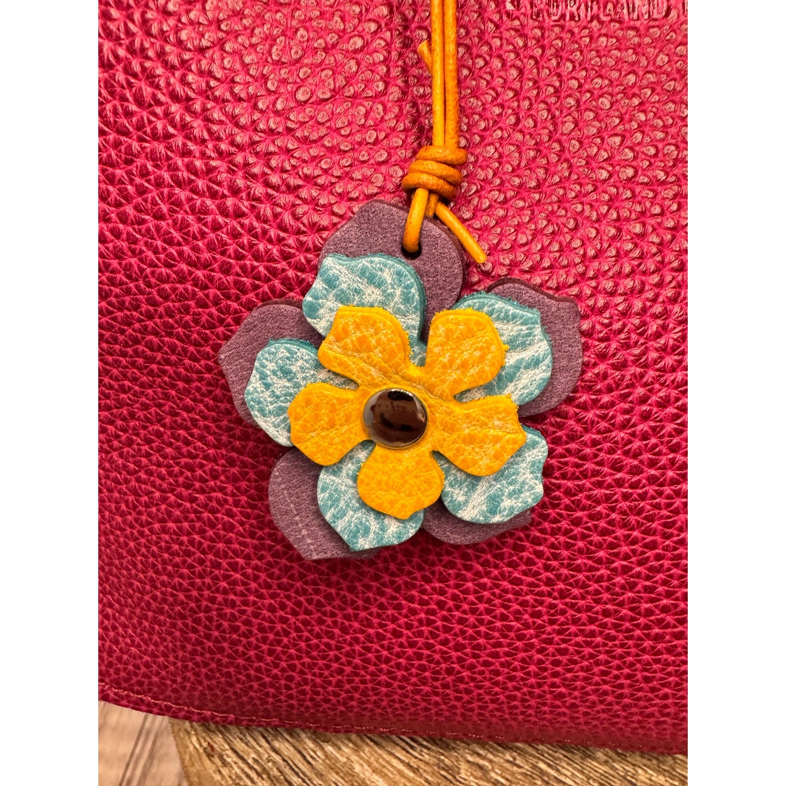 Leather Flower Bag Charm Yellow Blue Purple Flower Purse Charm Genuine Leather