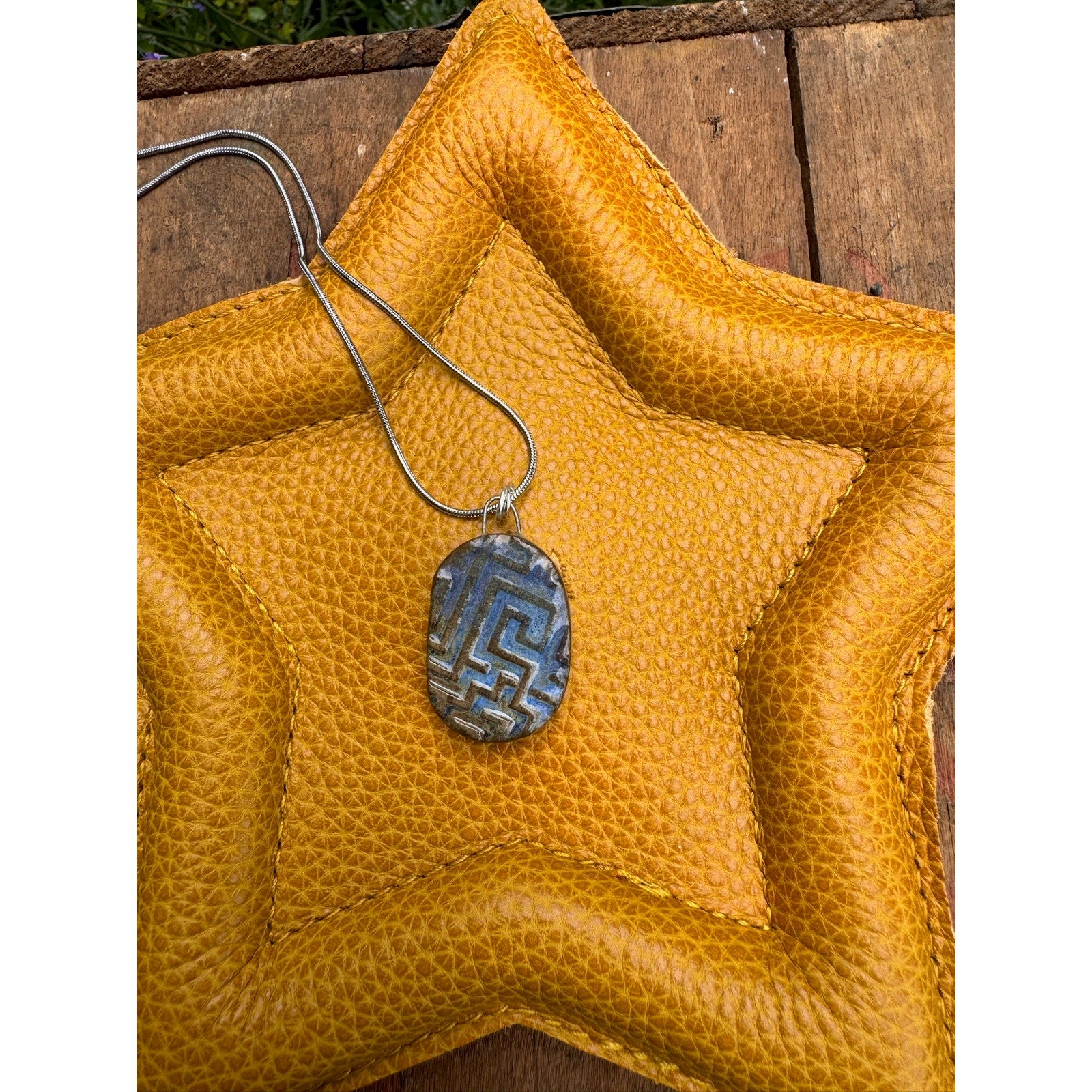 Boho Oval Necklace Blue Pendant Handcrafted Ceramic Necklace Medallion