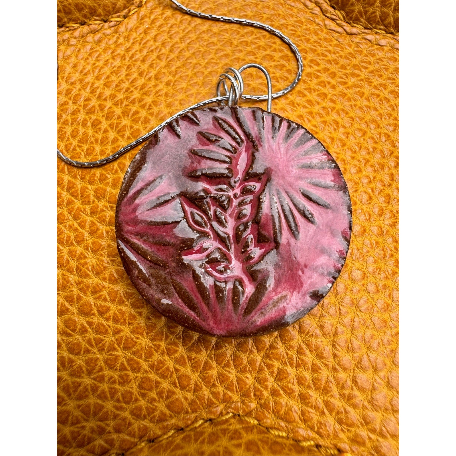 Boho Round Pendant Necklace Pink Red Accessories Handmade Pottery Studio Art