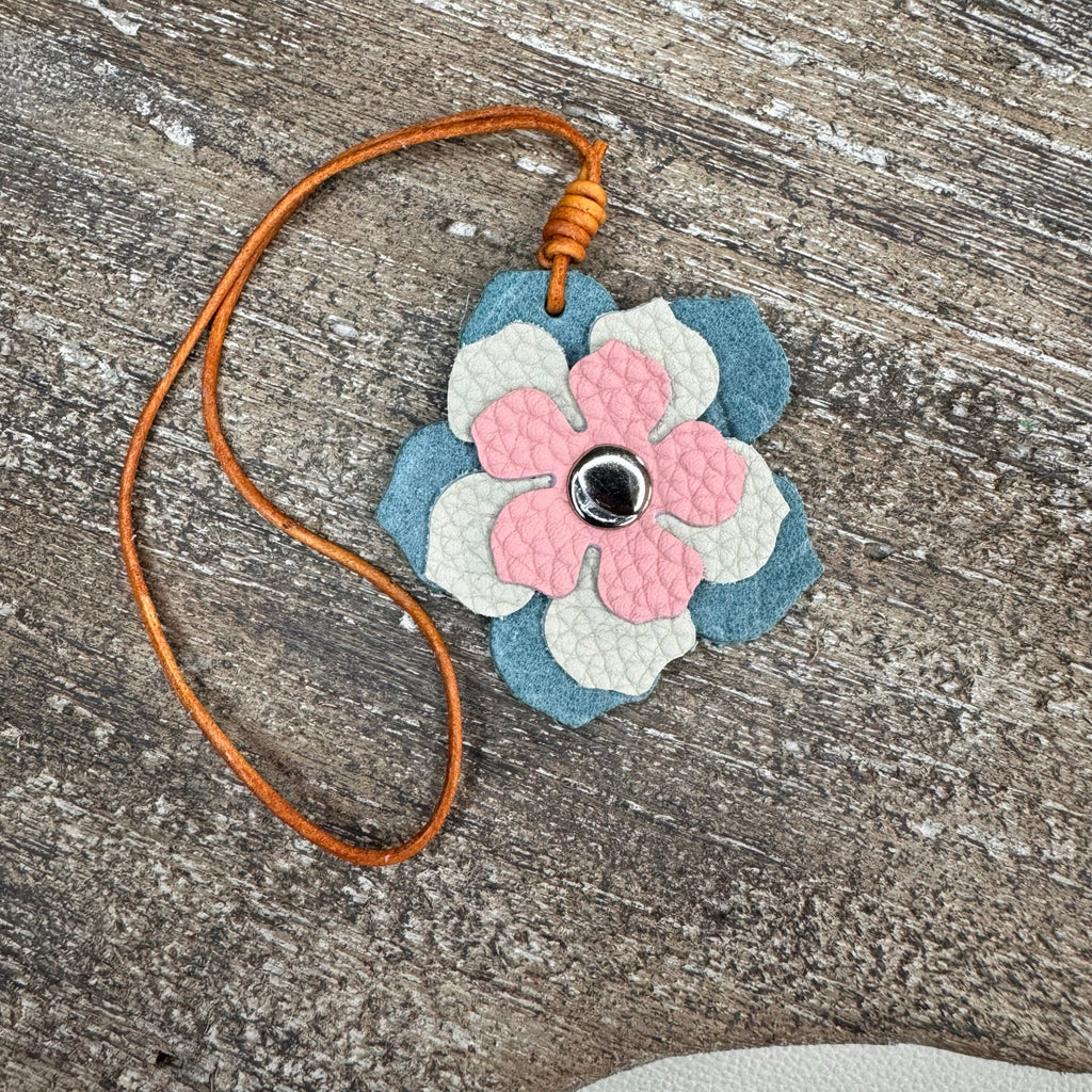 Leather Charm Flower Bag Charm Genuine Leather Blue Pink Purse Keychain