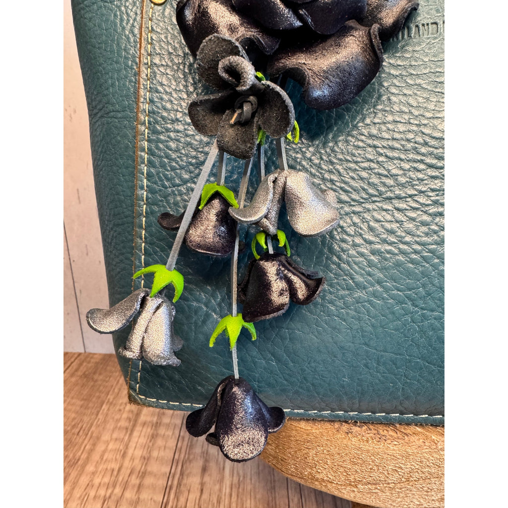 Leather Black Rose Purse Charm Genuine Leather Flower Bag Charm FAST SHIP
