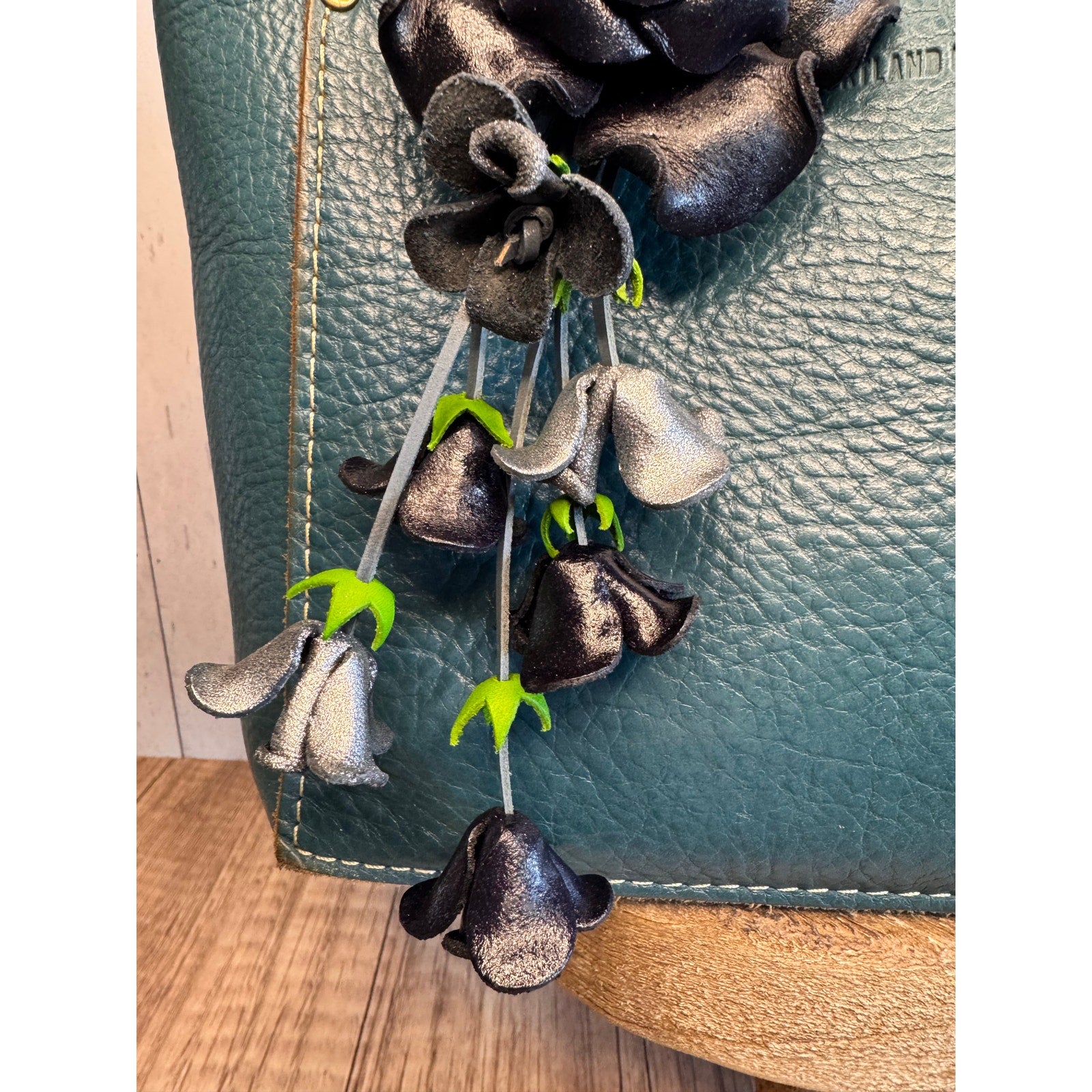 Leather Black Rose Purse Charm Genuine Leather Flower Bag Charm FAST SHIP