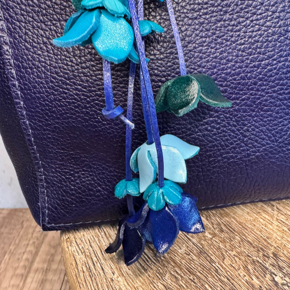 Leather Purse Charm Blue Flower Charm Genuine Leather Daisy Bag Charm NEW!