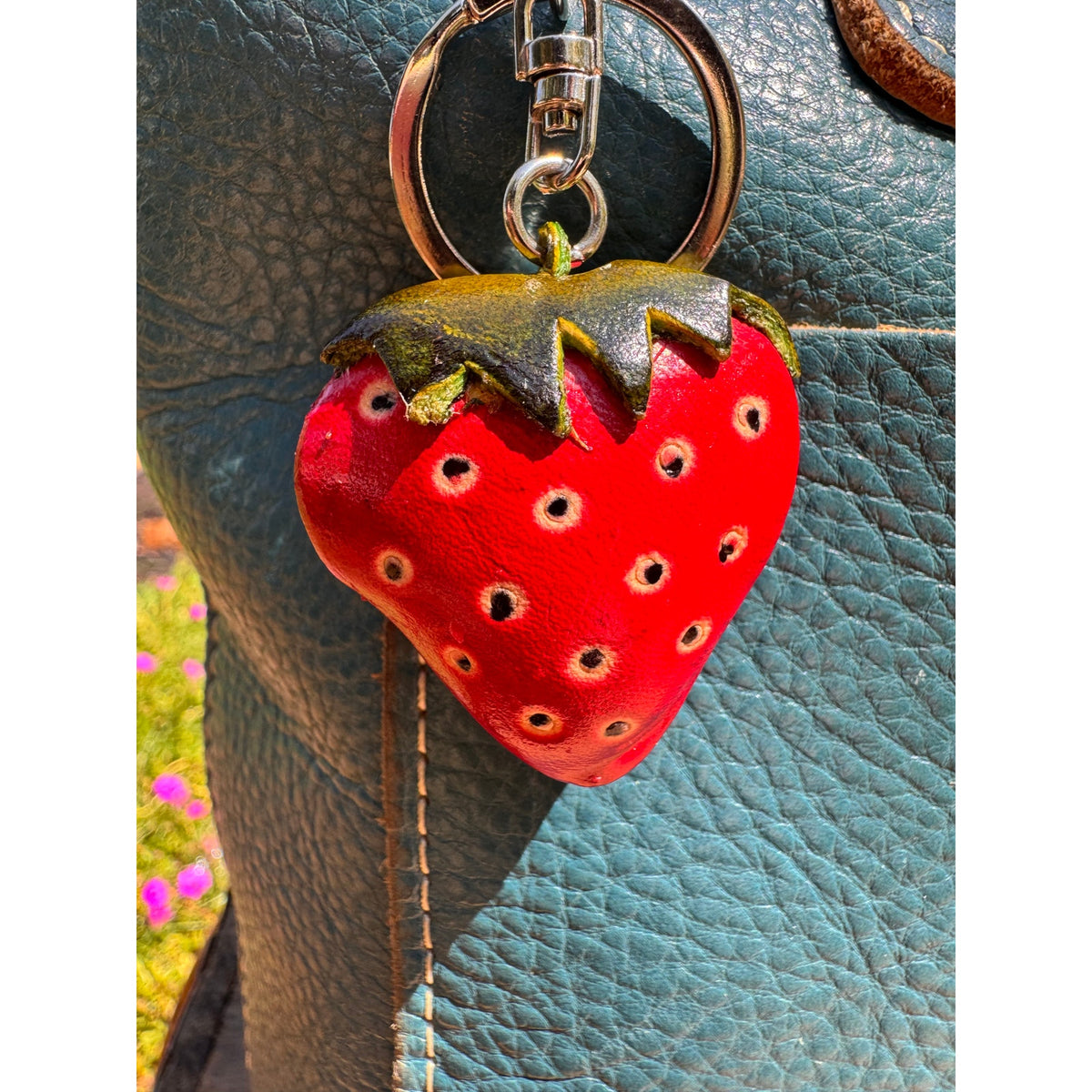 Genuine Leather Strawberry Purse Charm Hand Painted Strawberry Fruit Bag Charm