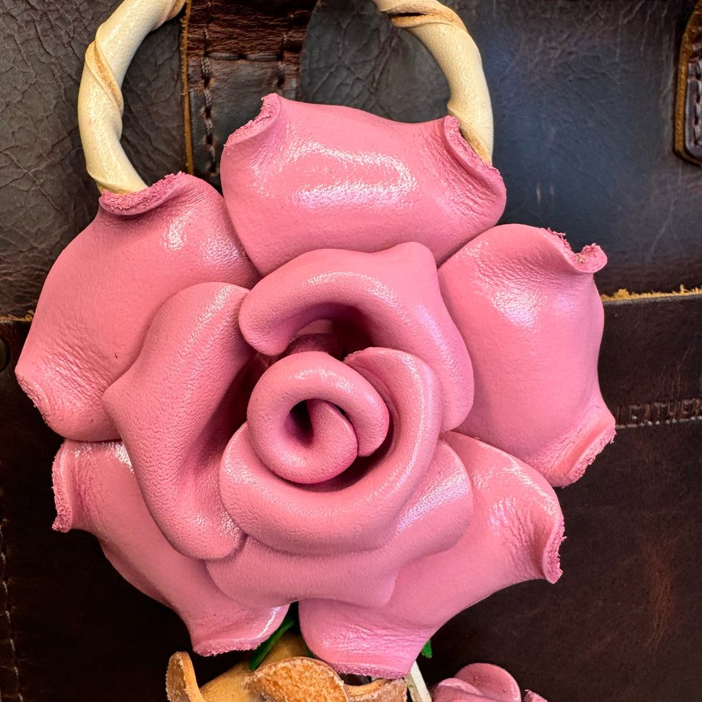 Leather Light Pink Rose Purse Charm Genuine Leather Rose Flower Bag Charm