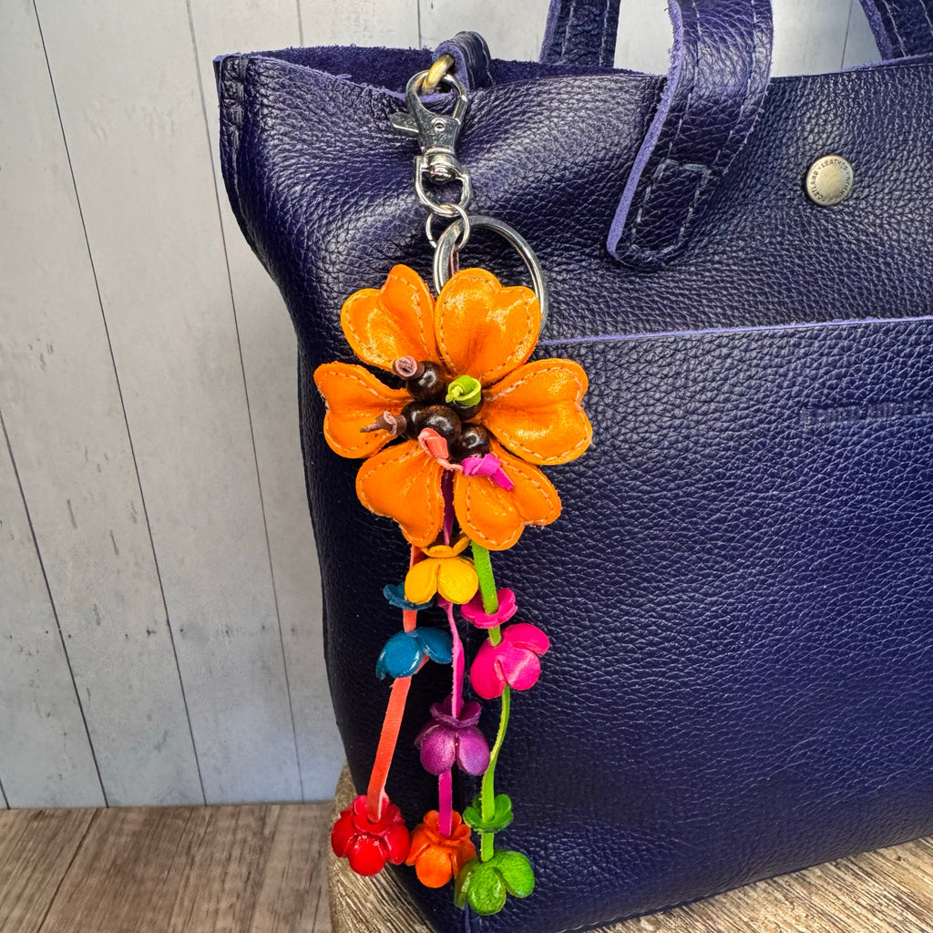 Orange Daisy Flower Leather Bag Charm Genuine Leather Purse Charm Flowers