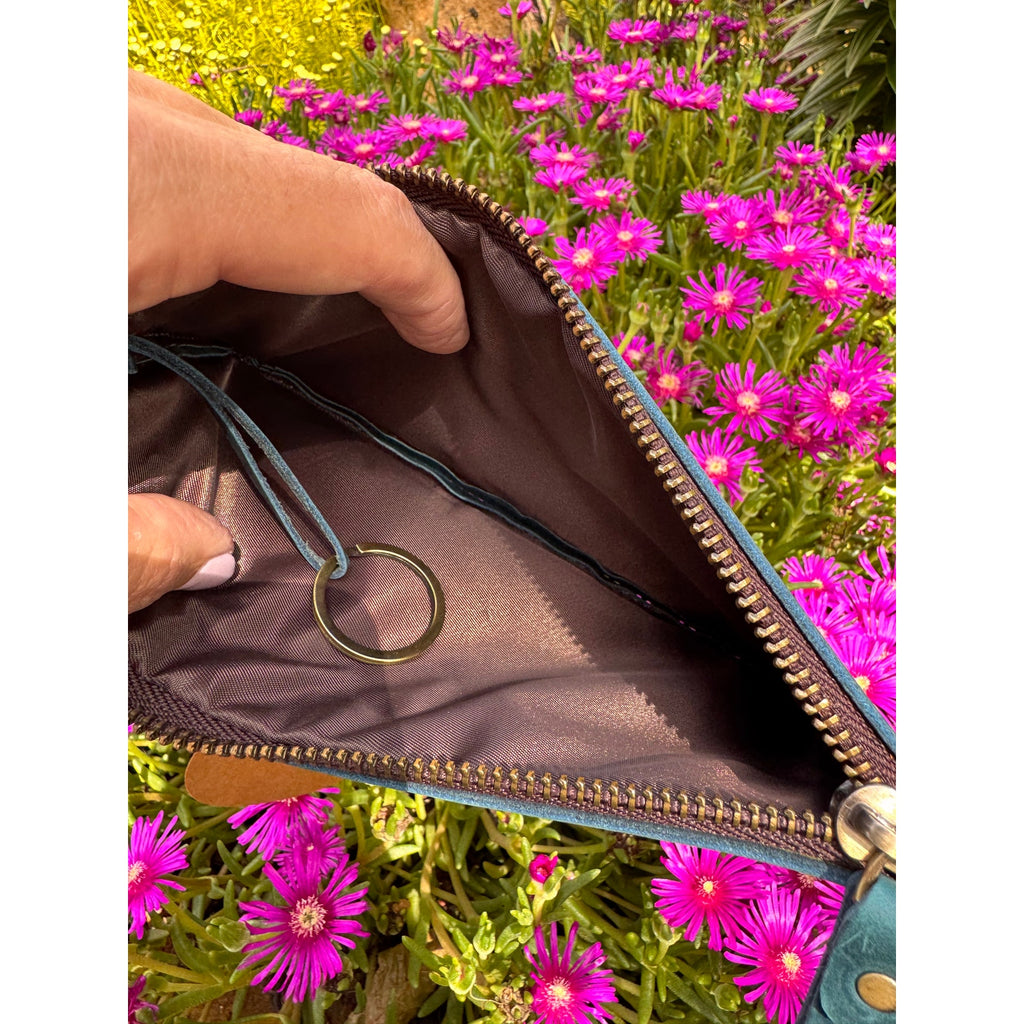 Genuine Leather Ocean Blue Dark Makeup Bag Clutch Pouch Leather Wristlet Bag