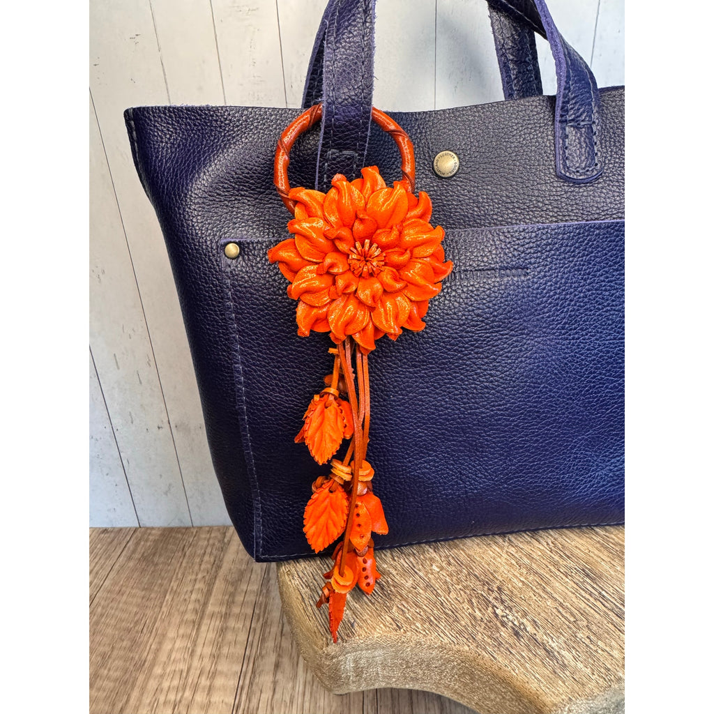 Leather Flower Purse Charm Genuine Leather Orange Mum Dahlia Bag Charm NeW!