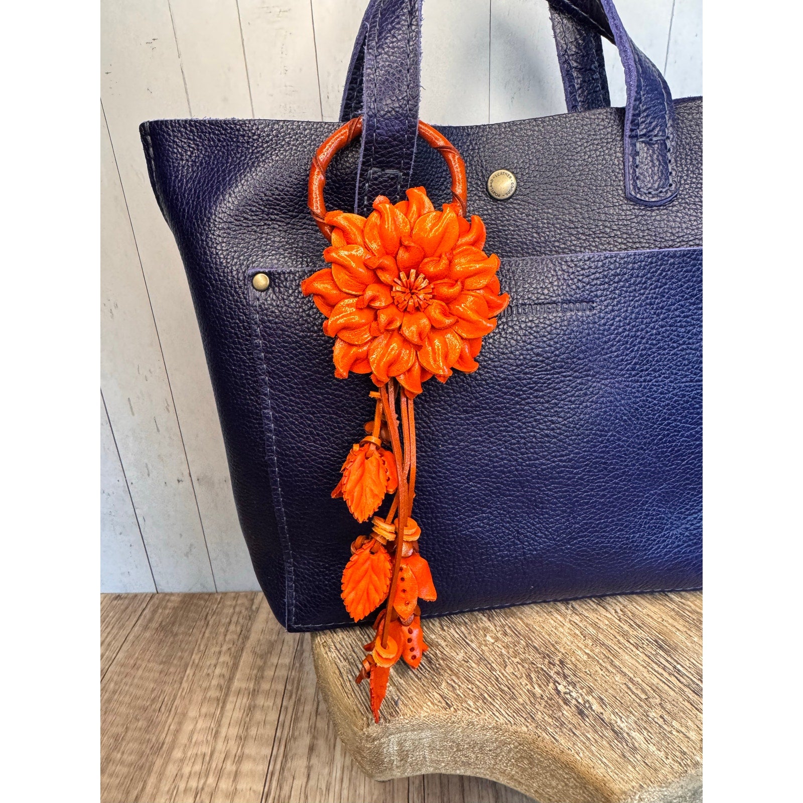 Leather Flower Purse Charm Genuine Leather Orange Mum Dahlia Bag Charm NeW!