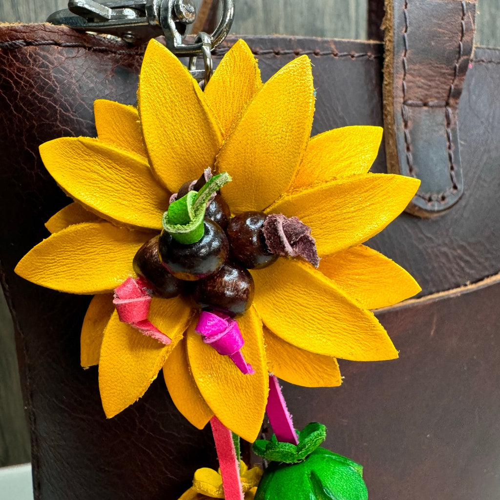Yellow Daisy Flower Leather Bag Charm Genuine Leather Sunflower Crossbody Charm