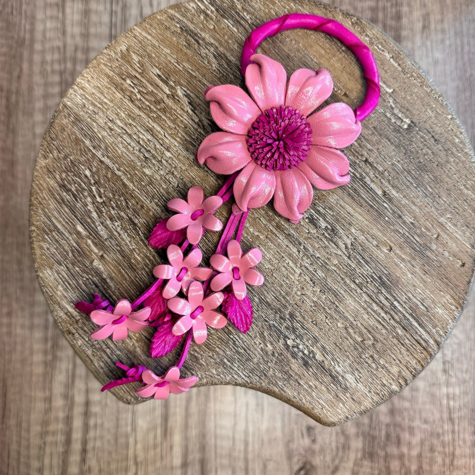 Pink Dahlia Leather Flower Purse Charm Genuine Leather Pink Flower Bag Charm NEW