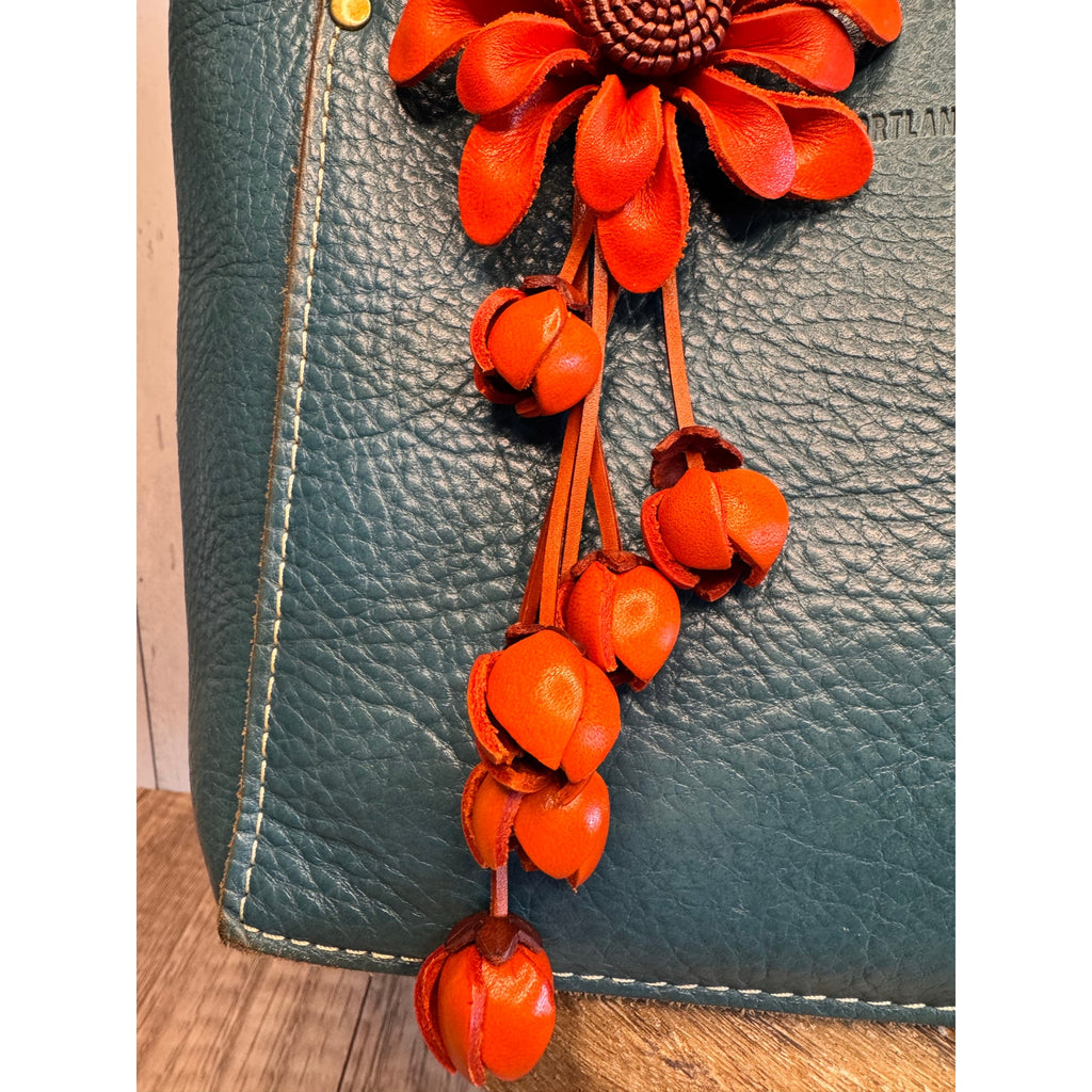 Leather Mum Flower Dahlia Orange  Purse Charm Genuine Leather Flower Bag Charm